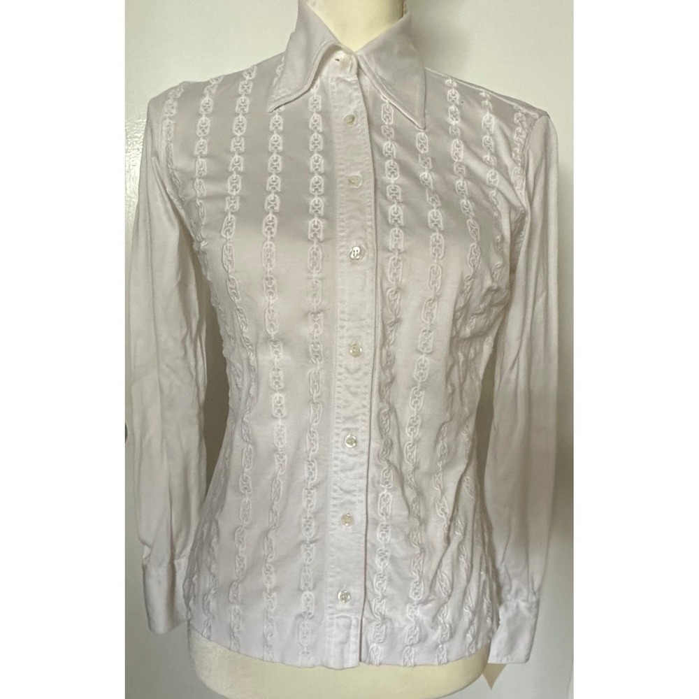 Celine Paris VTG White Cotton Chain Embroidered Button Up Blouse Top 44 S RARE
